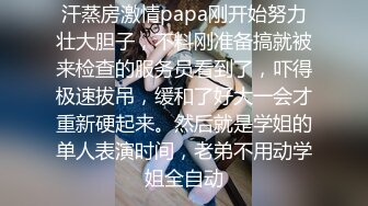 汗蒸房激情papa刚开始努力壮大胆子，不料刚准备搞就被来检查的服务员看到了，吓得极速拔吊，缓和了好大一会才重新硬起来。然后就是学姐的单人表演时间，老弟不用动学姐全自动